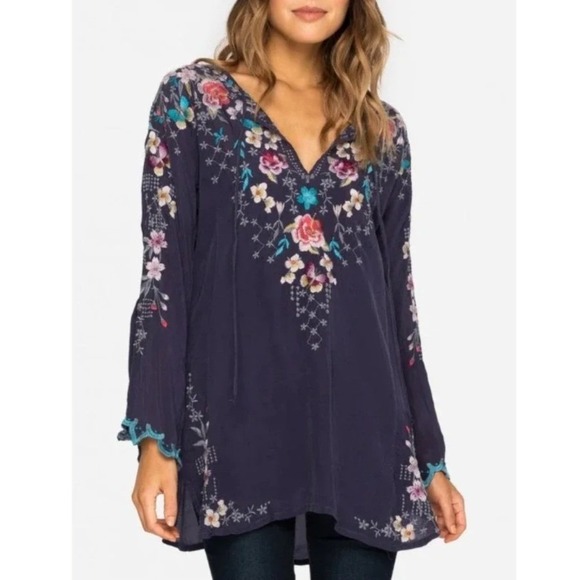 Johnny Was Tops - Johnny Was Butterfly Winter Blouse Women Large Embroidered Floral Gravel Blue